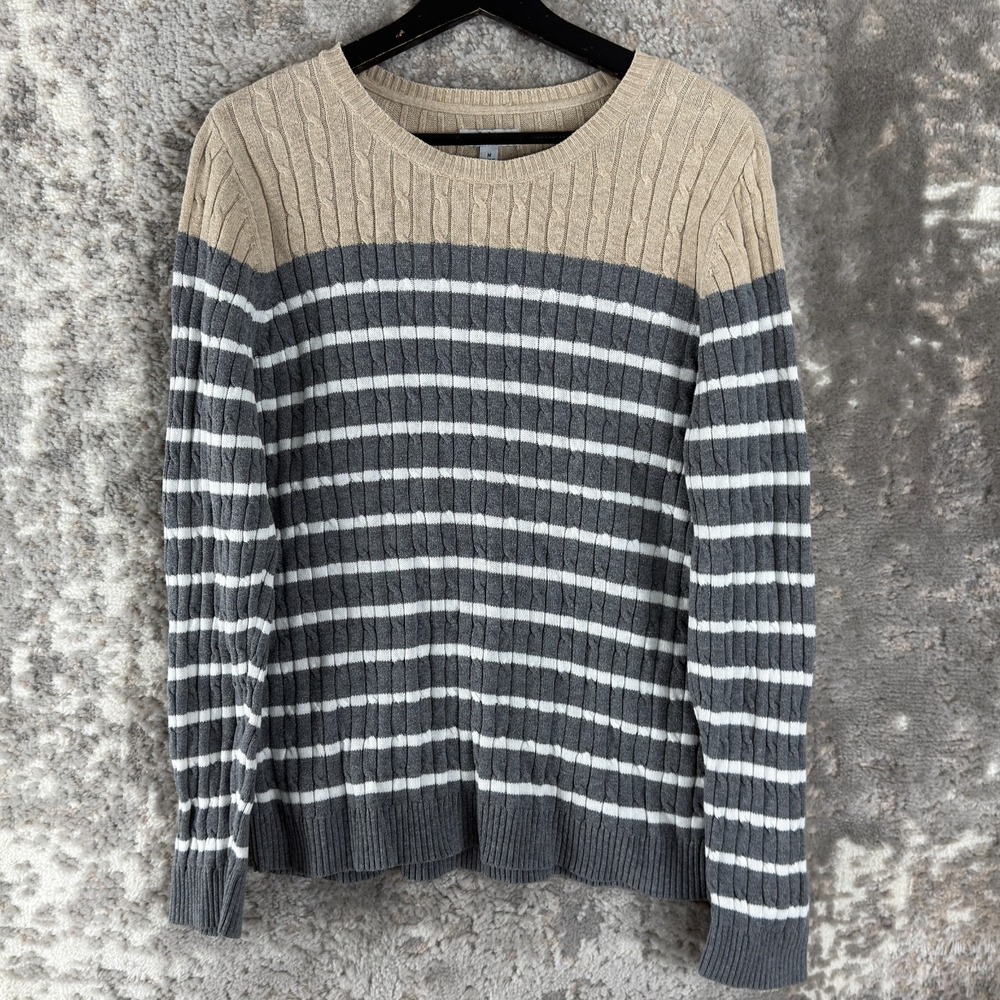 Croft‎ Barrow Size M Striped Cable Knit Casual Sweater Gray Long Sleeve Pullover